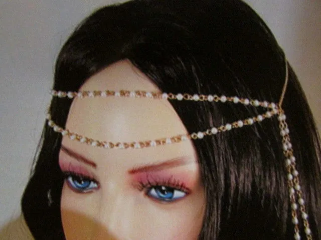 Gold Metal 80'S Stylish Long Head Chain Lightweight Imitation Pearls Beads