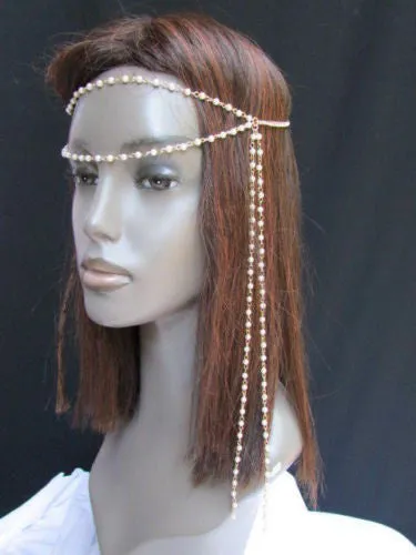 Gold Metal 80'S Stylish Long Head Chain Lightweight Imitation Pearls Beads