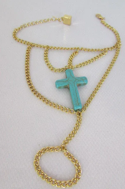 Gold Metal Hand Chain Bracelet Turquoise Blue Cross
