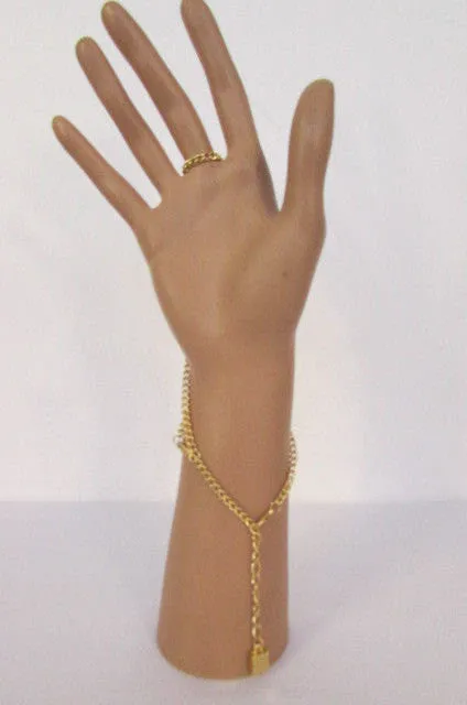 Gold Metal Hand Chain Bracelet Turquoise Blue Cross