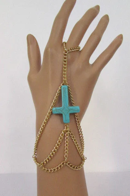 Gold Metal Hand Chain Bracelet Turquoise Blue Cross