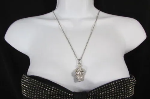 Gold Silver Metal Long Chain Skull Skeleton Head Multi Rhinestones Necklace