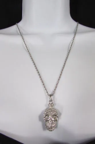 Gold Silver Metal Long Chain Skull Skeleton Head Multi Rhinestones Necklace