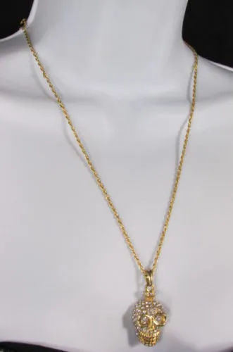 Gold Silver Metal Long Chain Skull Skeleton Head Multi Rhinestones Necklace