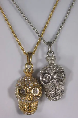Gold Silver Metal Long Chain Skull Skeleton Head Multi Rhinestones Necklace