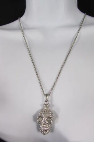 Gold Silver Metal Long Chain Skull Skeleton Head Multi Rhinestones Necklace