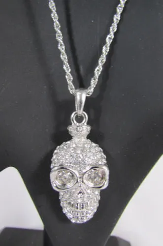 Gold Silver Metal Long Chain Skull Skeleton Head Multi Rhinestones Necklace