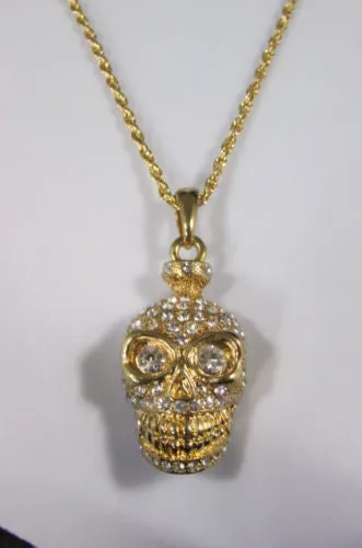 Gold Silver Metal Long Chain Skull Skeleton Head Multi Rhinestones Necklace