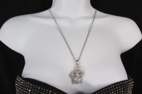 Gold Silver Metal Long Chain Skull Skeleton Head Multi Rhinestones Necklace