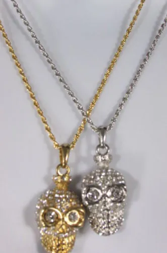 Gold Silver Metal Long Chain Skull Skeleton Head Multi Rhinestones Necklace