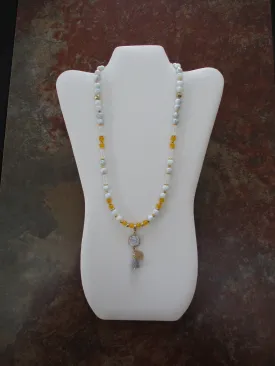 Gray Marble Glass Beads Yellow Glass Beads Gold Spacer Beads Round Pendant with Gray Tassel Necklace (N1502)