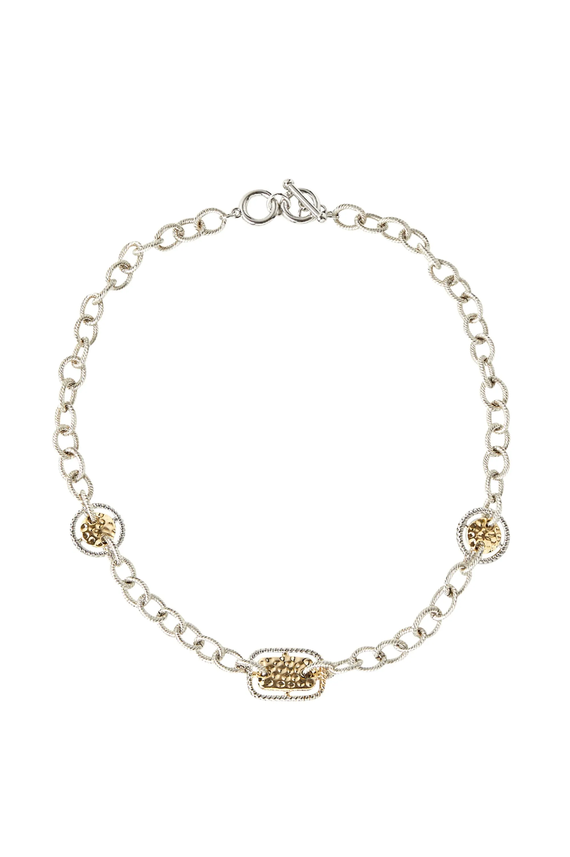Hammered Gold-Tone Accent Short Silver Link Necklace