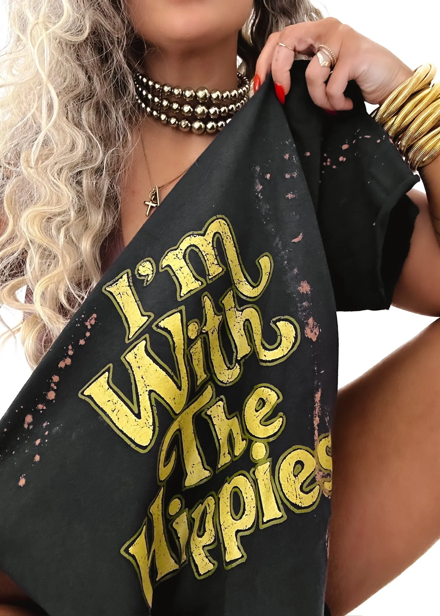I'M WITH THE HIPPIES BLEACHED OUT SIDE SLIT TEE