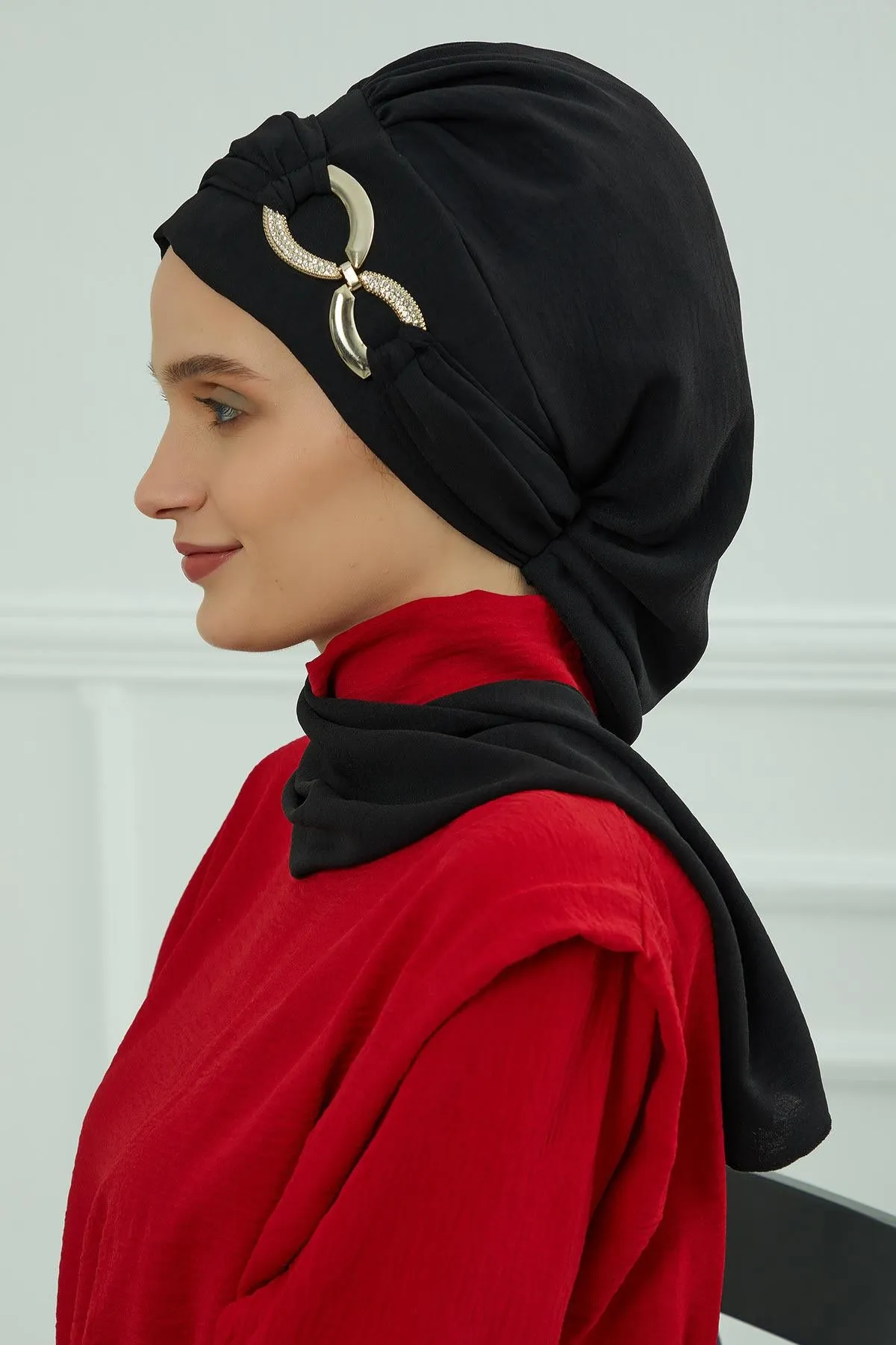 Instant Turban Lightweight Aerobin Scarf Head Turbans with Gorgeous Gold Accessory For Women Headwear Stylish Elegant Design,HT-94