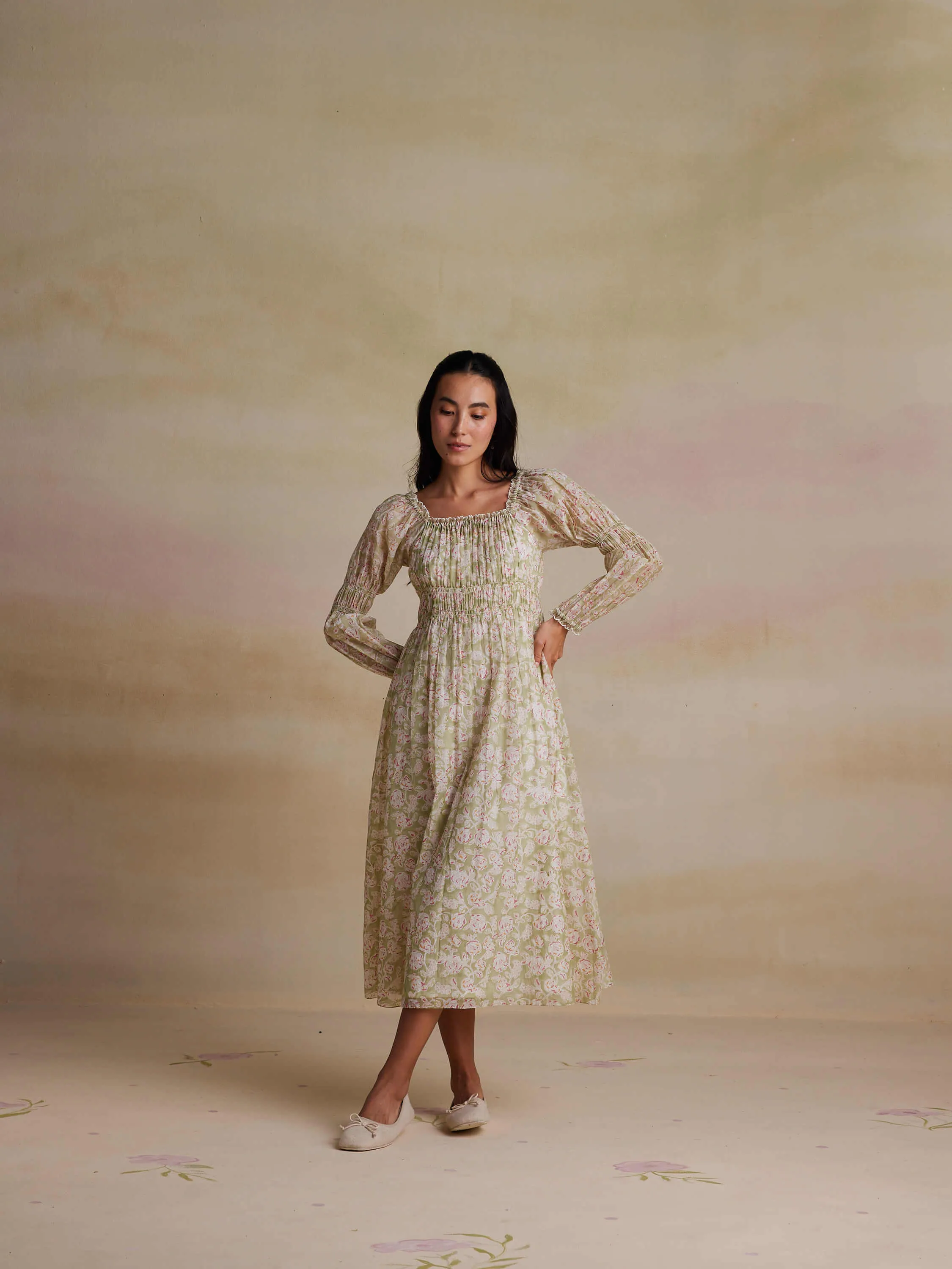 Jojoba Shirred Midi Dress