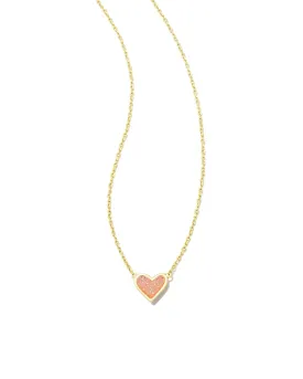 Kendra Scott Framed Ari Heart Short Gold Pendant Necklace in Light Pink Drusy