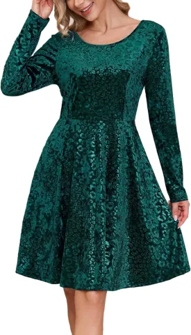 Kormei Womens Fall Knit Round Neck Casual Long Sleeve A Line Flowy Elegant Short Swing Party Dress