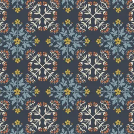 Lewis and Irene Mojolica Floral Tile on Dark Blue Cotton Fabric