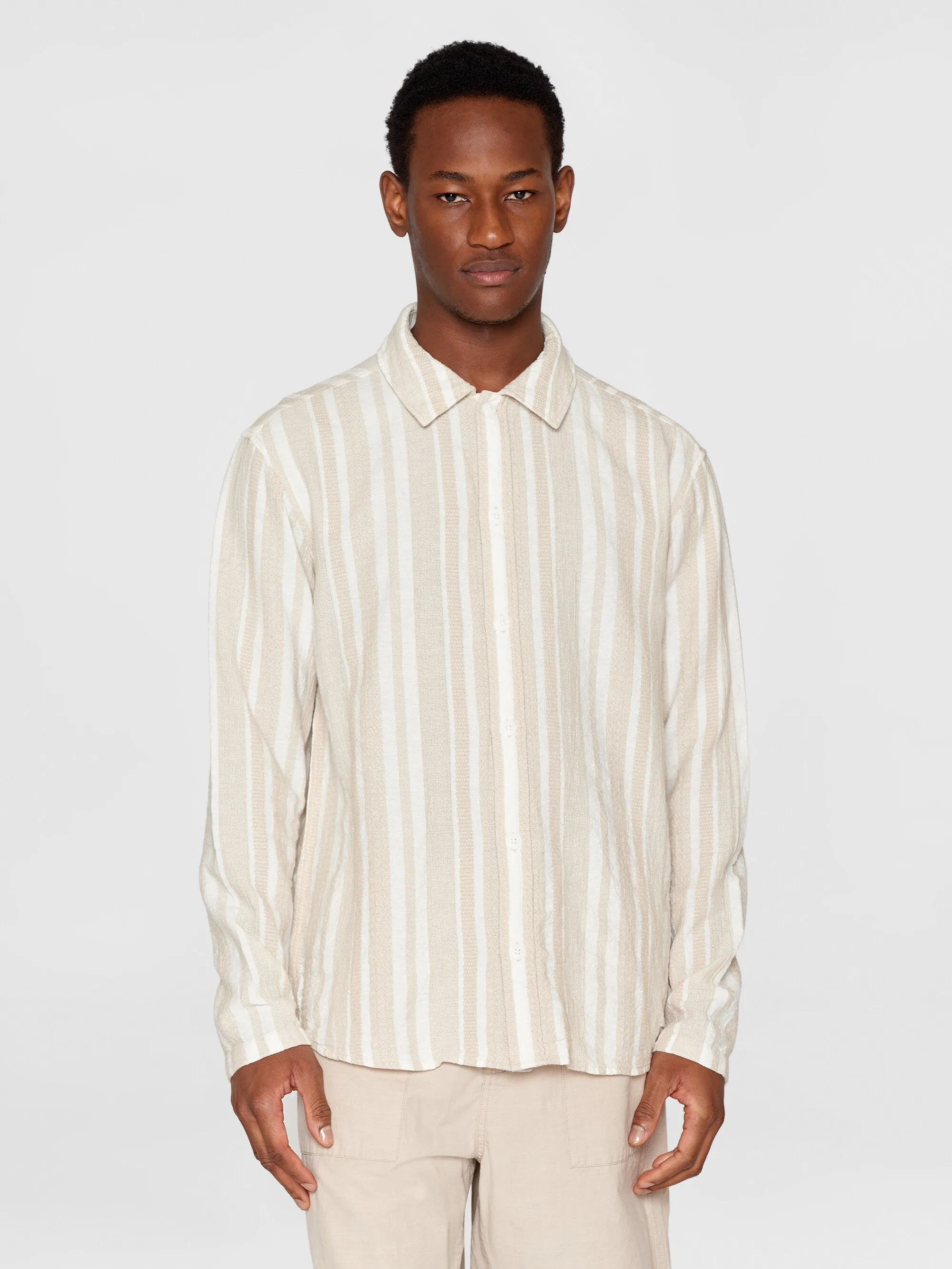 Loose jacquard woven striped shirt - GOTS/Vegan - Beige stripe