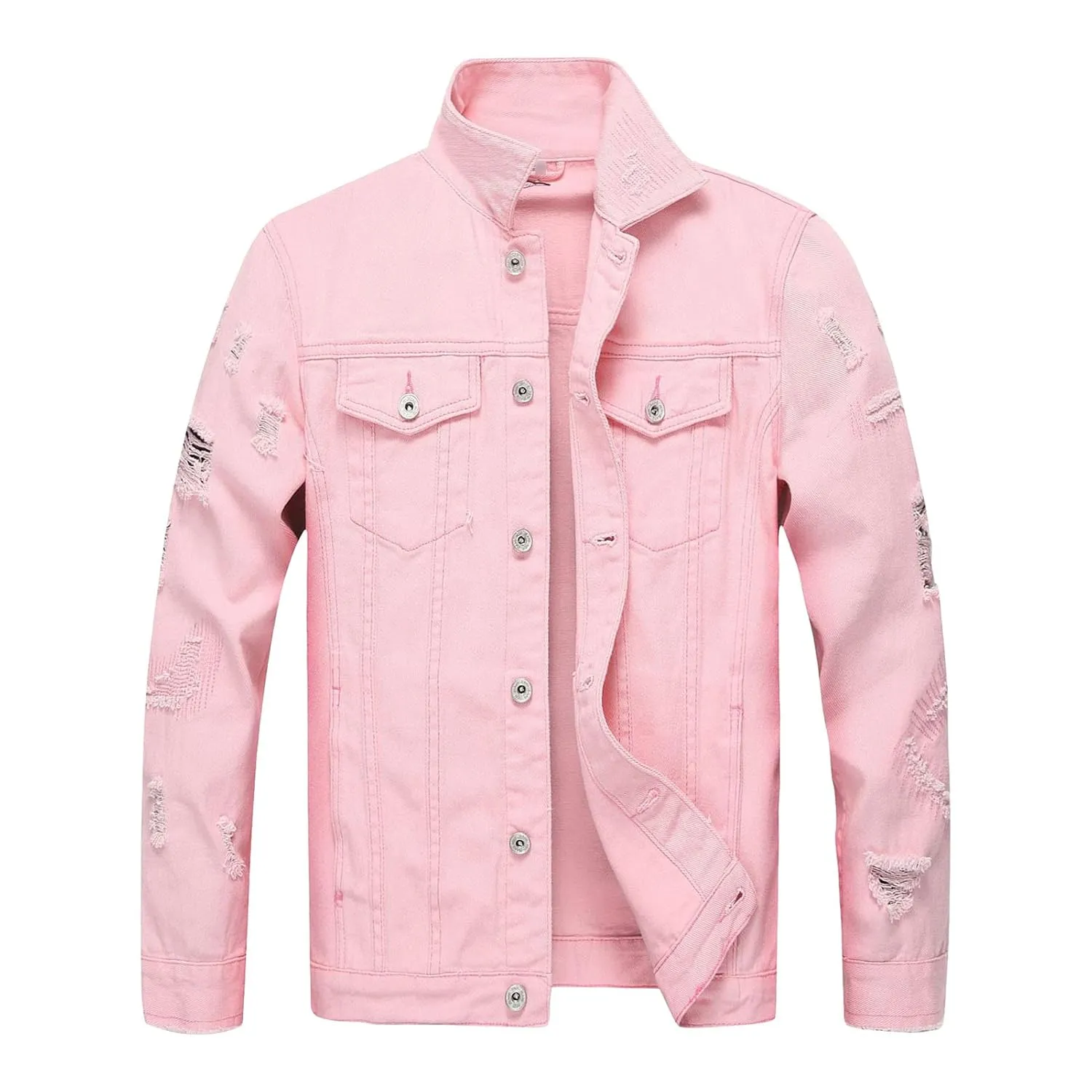 Maiyifu-GJ Jean Jacket for Men Distressed Button Down Denim Jacket Casual Slim Fit Ripped Jean Coat with Holes (Pink,3X-Large)