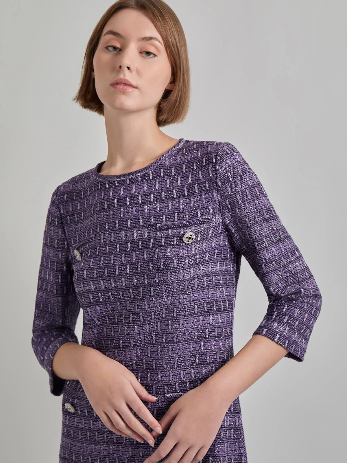 Metallic Accent Tweed Knit Shift Dress