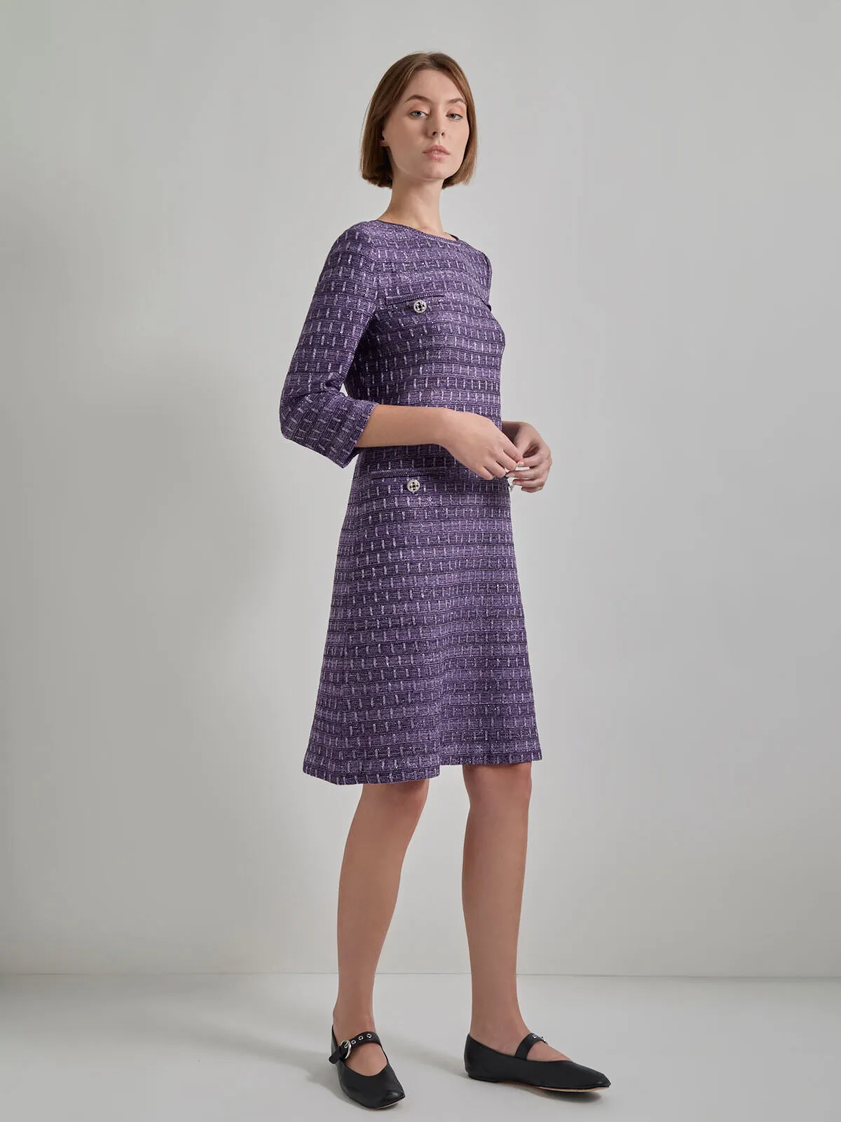 Metallic Accent Tweed Knit Shift Dress