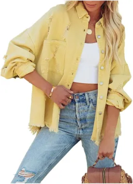 Meufam Women Cropped Ripped Distressed Denim Jacket Long Sleeve Button Up Jean Coat Cardigan Fringe with Frayed Hem