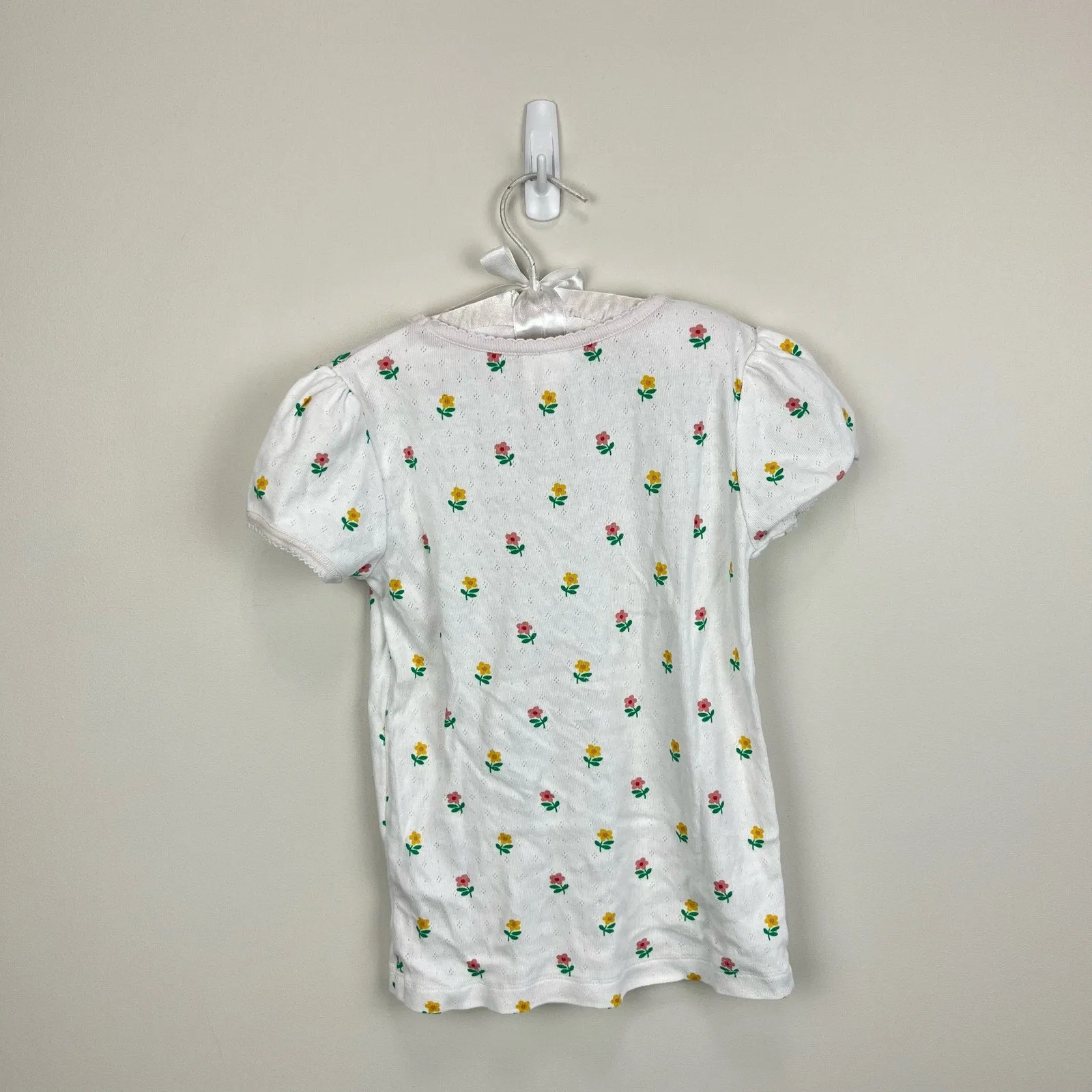 Mini Boden Short Sleeve White Pointelle Top White Flowers 8-9