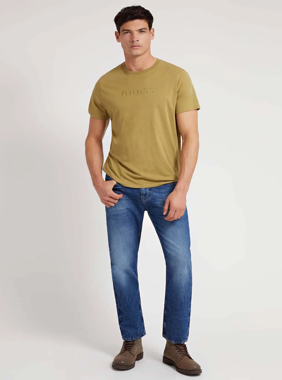 Mustard Green Pima Logo Crew Neck Tee
