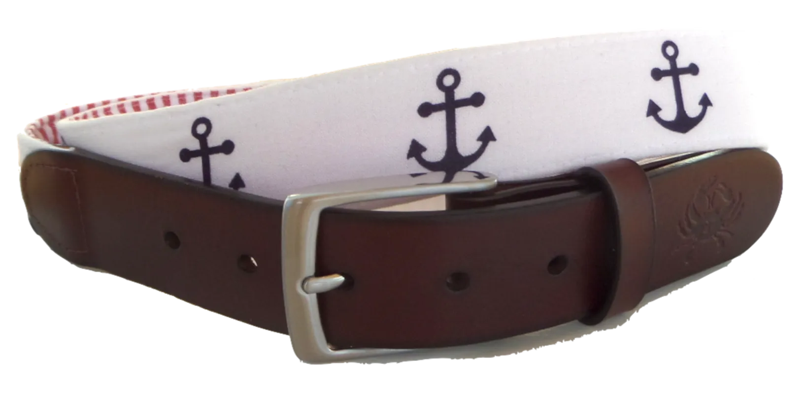 Nautical Anchor and Red Seersucker Leather Belt