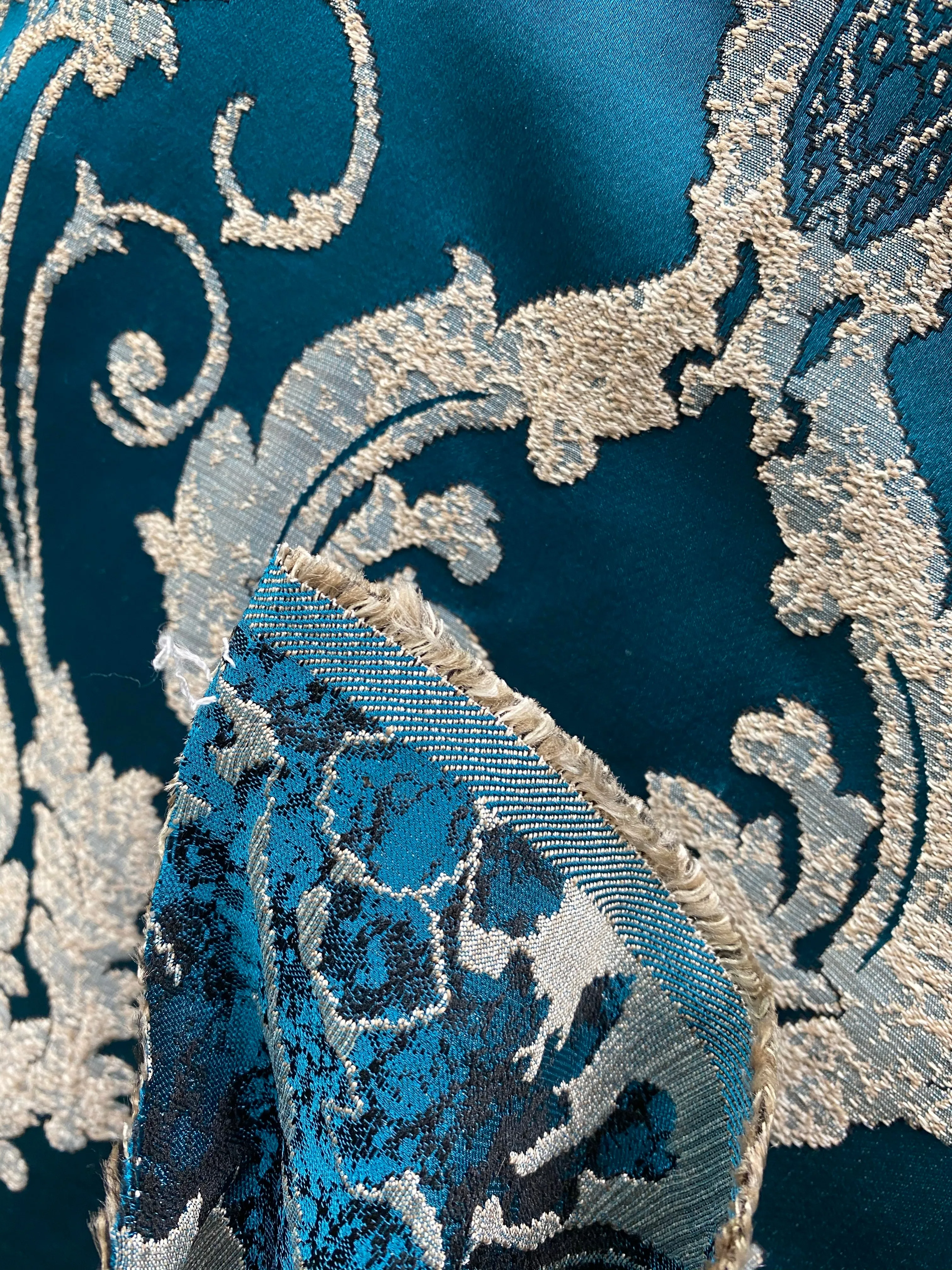NEW Lord Tustin Brocade Upholstery & Drapery Satin Medallion Fabric - Teal Peacock Blue
