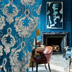 NEW Lord Tustin Brocade Upholstery & Drapery Satin Medallion Fabric - Teal Peacock Blue