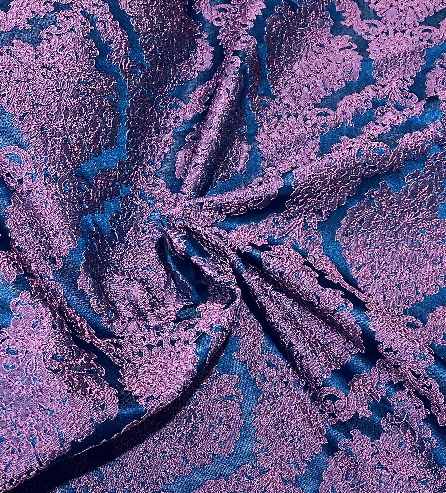 NEW Princess Giselle Designer Medallion Satin Drapery Upholstery Fabric - Fuchsia Pink & Navy Blue