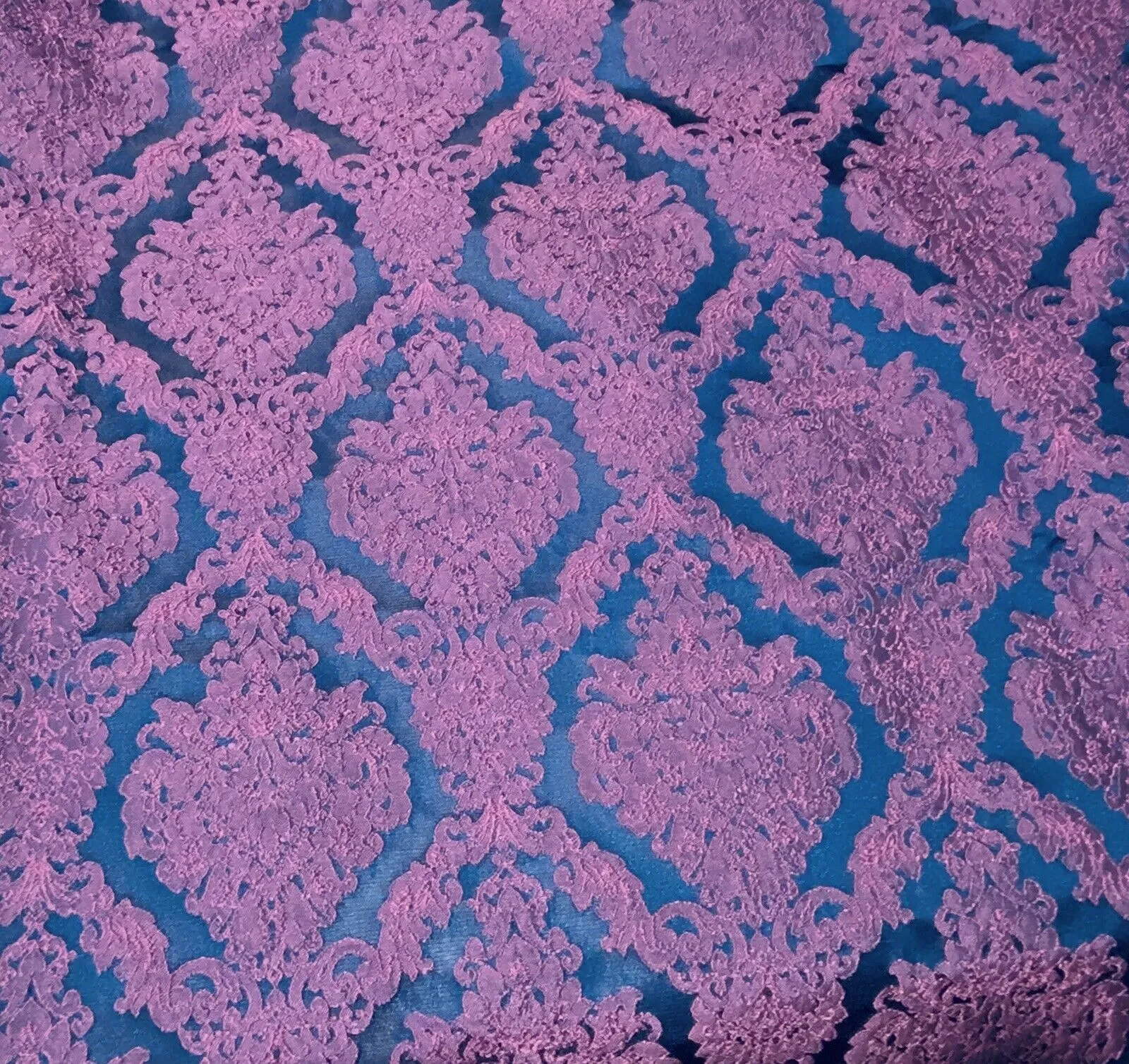 NEW Princess Giselle Designer Medallion Satin Drapery Upholstery Fabric - Fuchsia Pink & Navy Blue