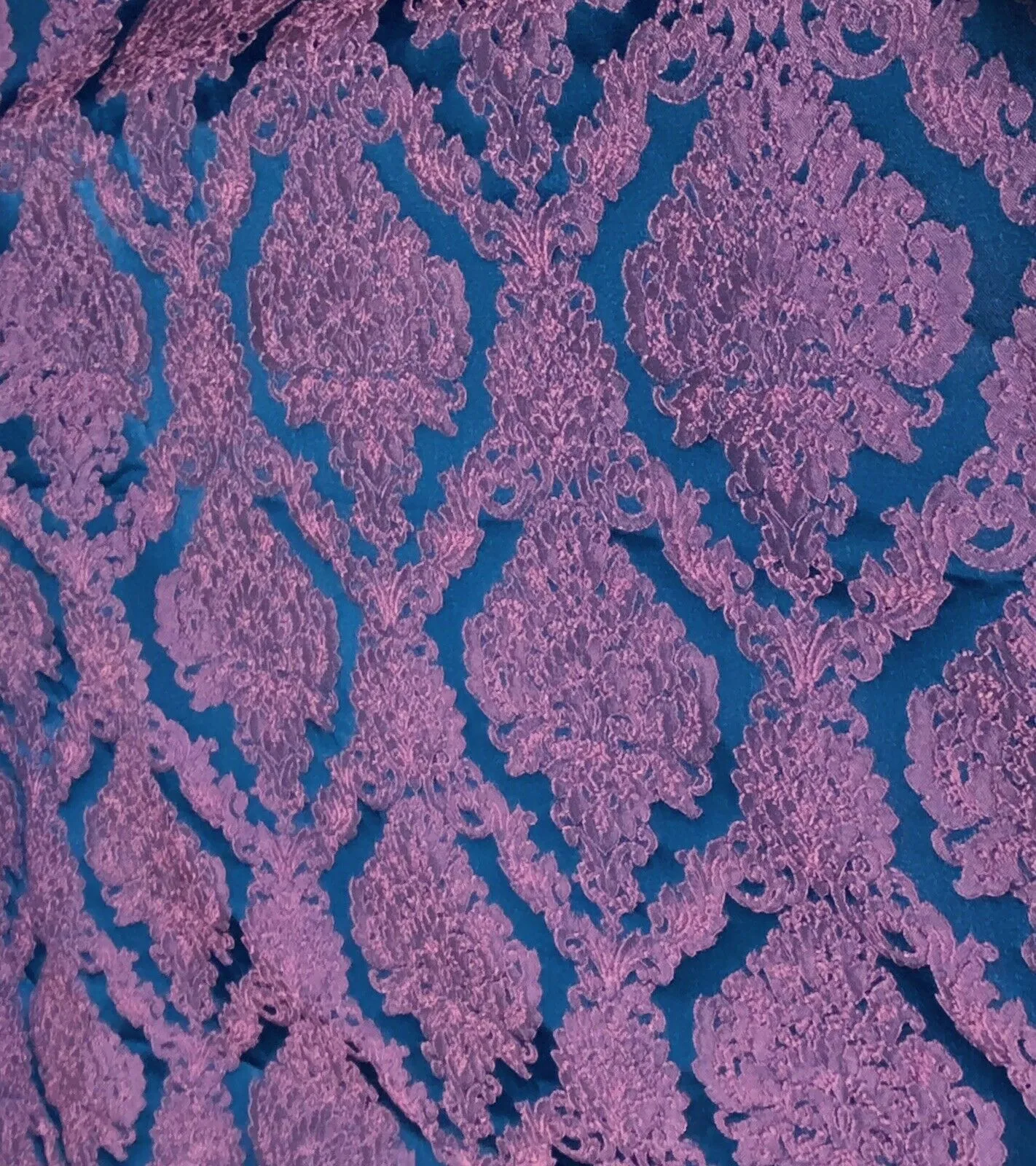 NEW Princess Giselle Designer Medallion Satin Drapery Upholstery Fabric - Fuchsia Pink & Navy Blue