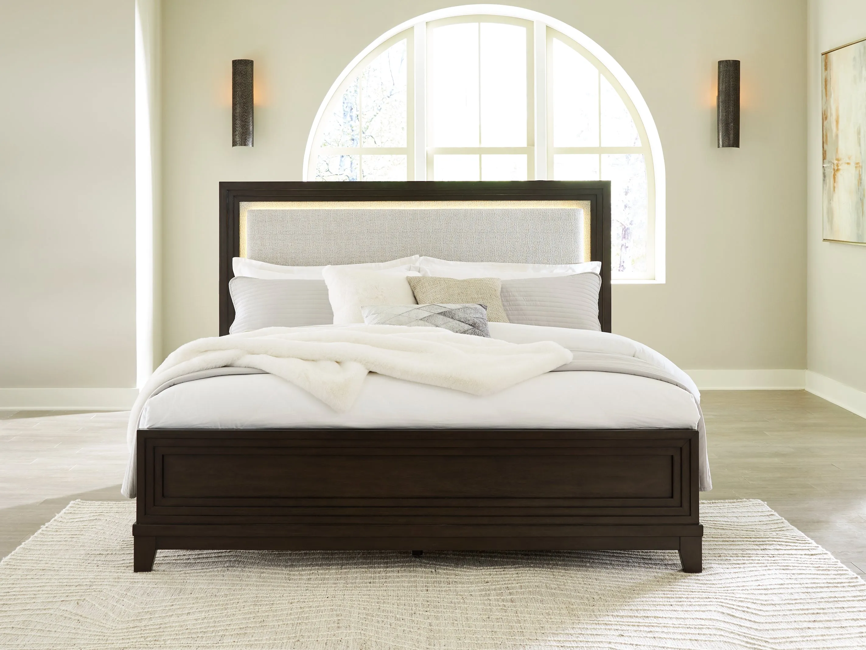 Neymorton King Upholstered Panel Bed with Dresser and 2 Nightstands in Dark Grayish Brown