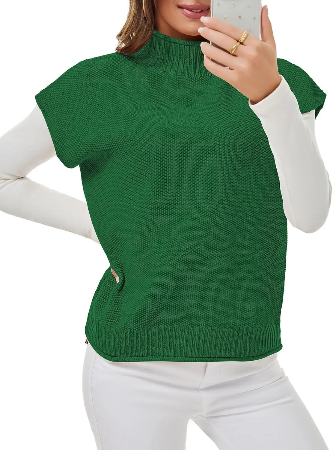 Pink Queen Women's 2025 Spring Mock Neck Sweater Vest Cap Sleeve Pullover Knit Tops