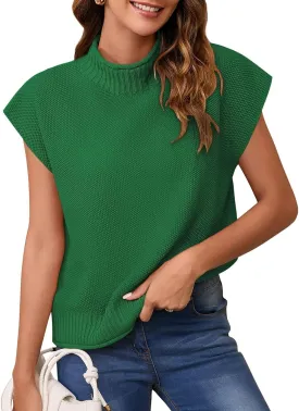 Pink Queen Women's 2025 Spring Mock Neck Sweater Vest Cap Sleeve Pullover Knit Tops