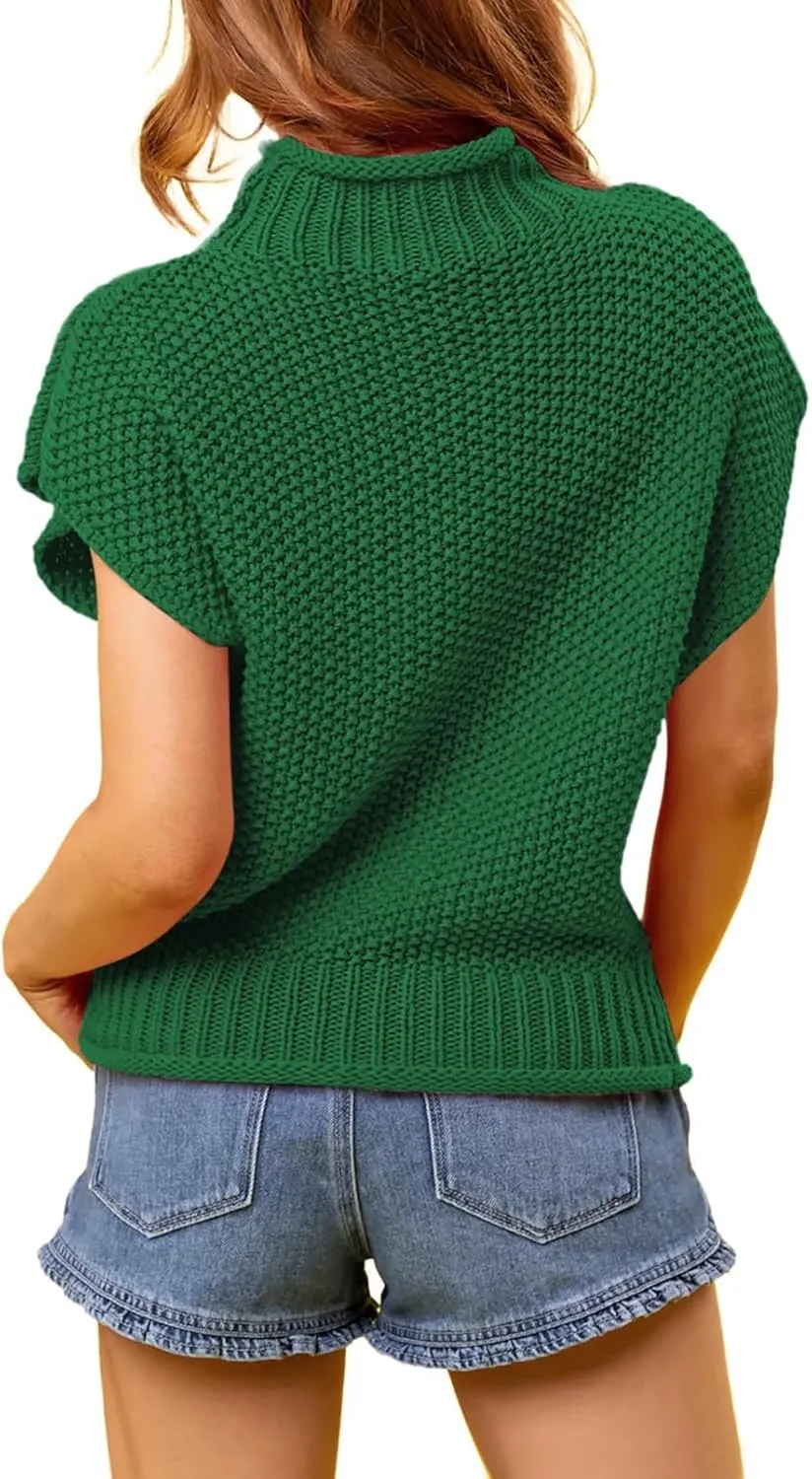 Pink Queen Women's 2025 Spring Mock Neck Sweater Vest Cap Sleeve Pullover Knit Tops
