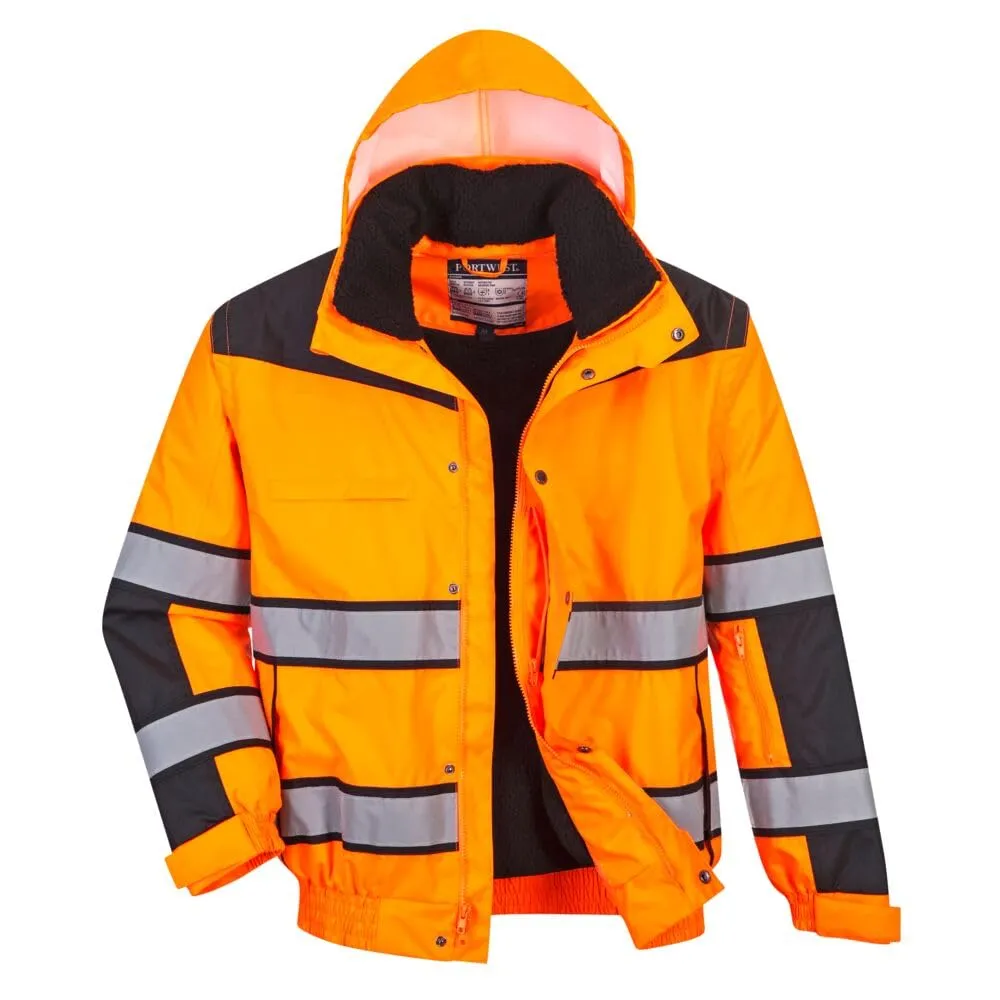 Portwest UC566 HiVis Classic Warm Bomber Rain Jacket with Waterproof Taped Seams, OrangeBlack, X Large