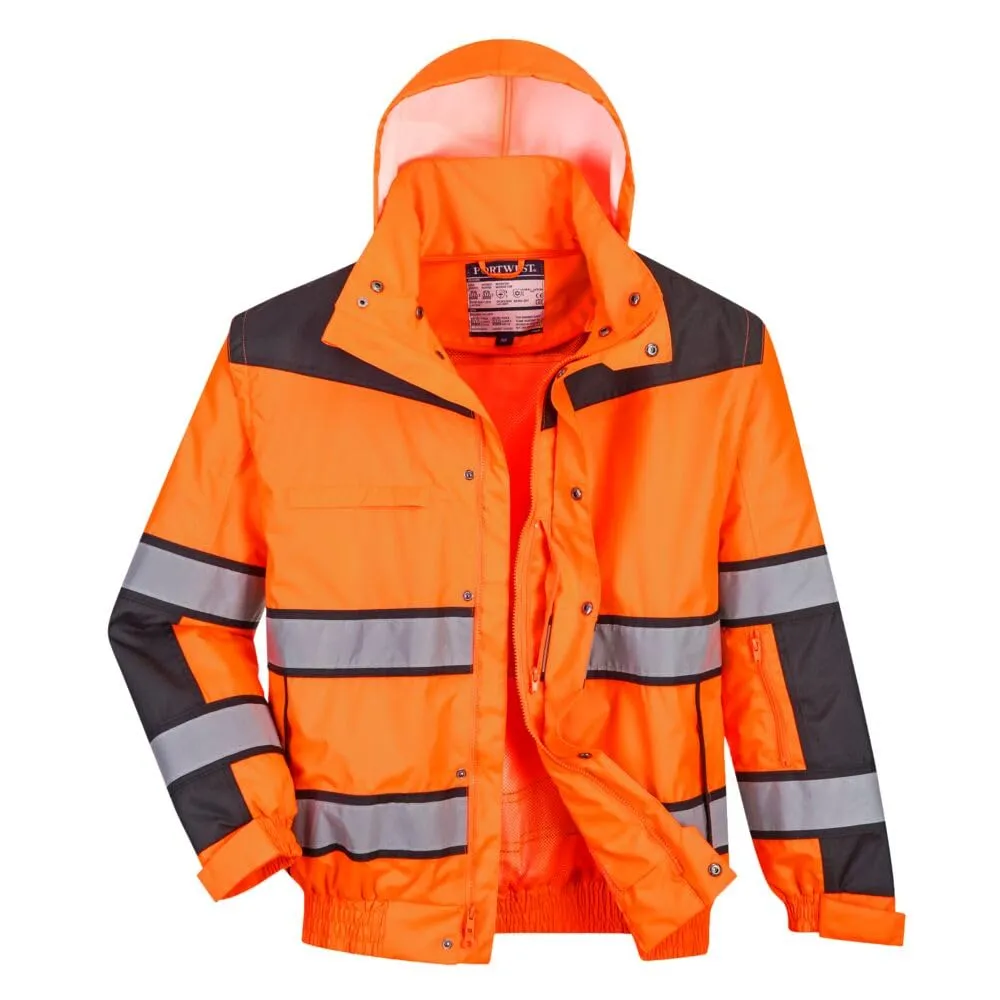 Portwest UC566 HiVis Classic Warm Bomber Rain Jacket with Waterproof Taped Seams, OrangeBlack, X Large