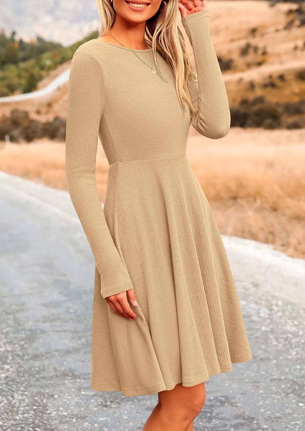PRETTYGARDEN Women's Spring Fall Short Dress Ribbed Knit Crewneck Long Sleeve A Line Flowy Casual Elegant Going Out Dresses