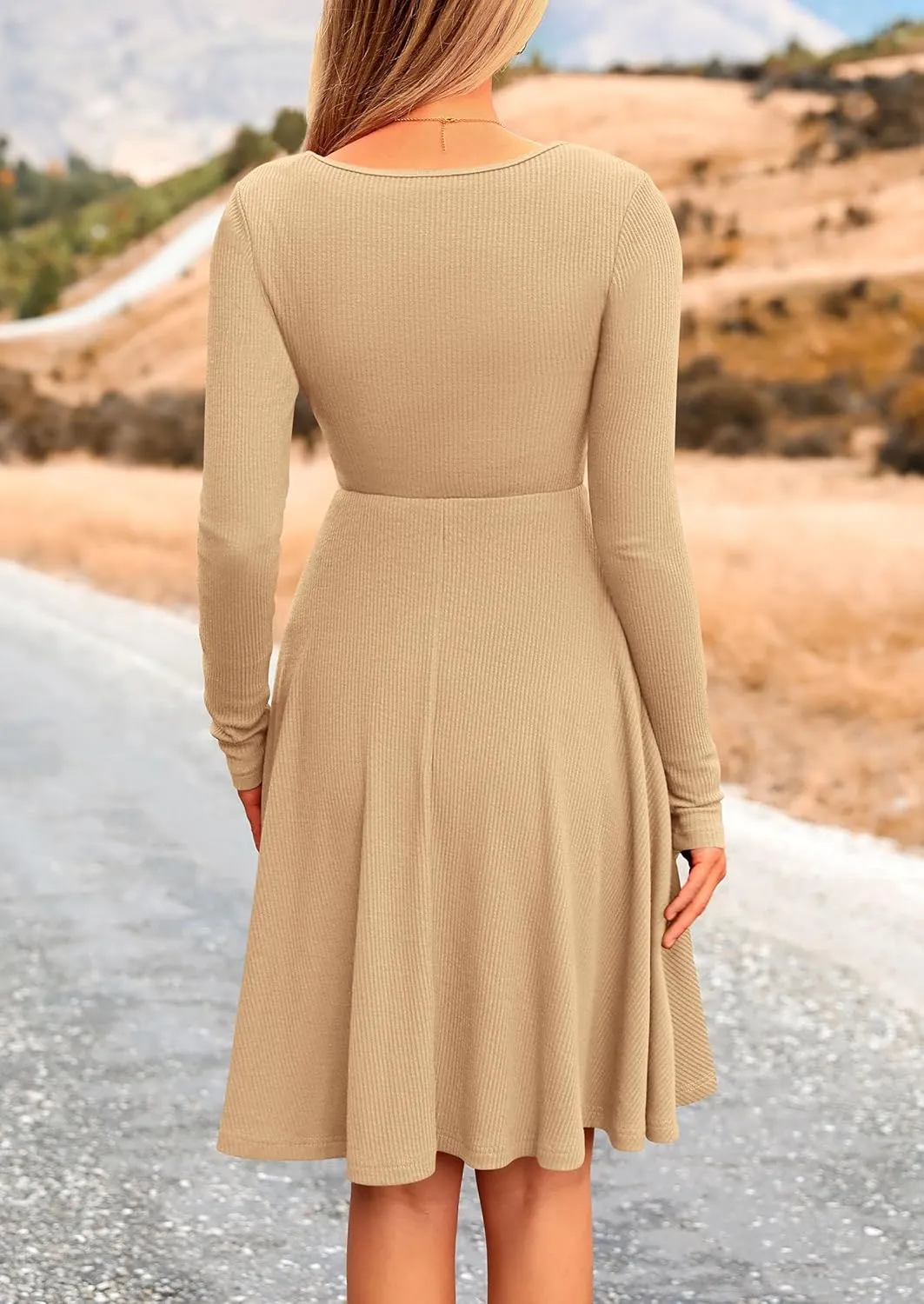 PRETTYGARDEN Women's Spring Fall Short Dress Ribbed Knit Crewneck Long Sleeve A Line Flowy Casual Elegant Going Out Dresses