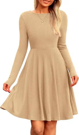 PRETTYGARDEN Women's Spring Fall Short Dress Ribbed Knit Crewneck Long Sleeve A Line Flowy Casual Elegant Going Out Dresses