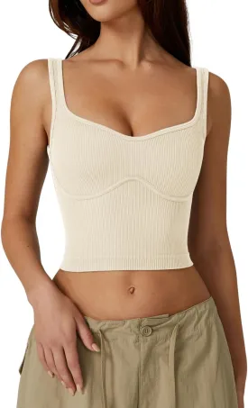 QINSEN Womens Sleeveless Cropped Rib Knit Seamless Sweetheart Neckline Going Out Tank Tops