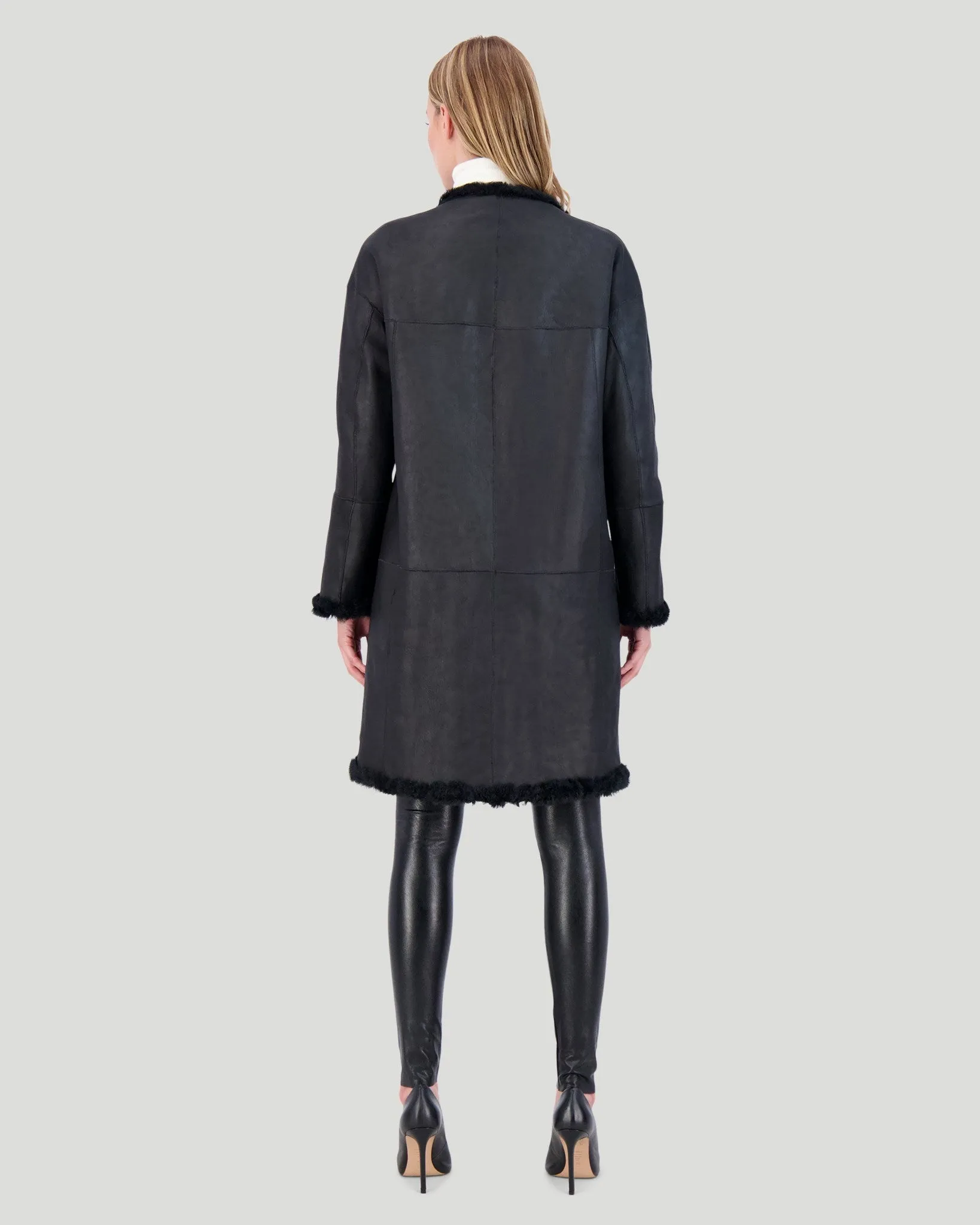 Reversible Collarless Select Shearling Lamb Short Coat with Buttons
