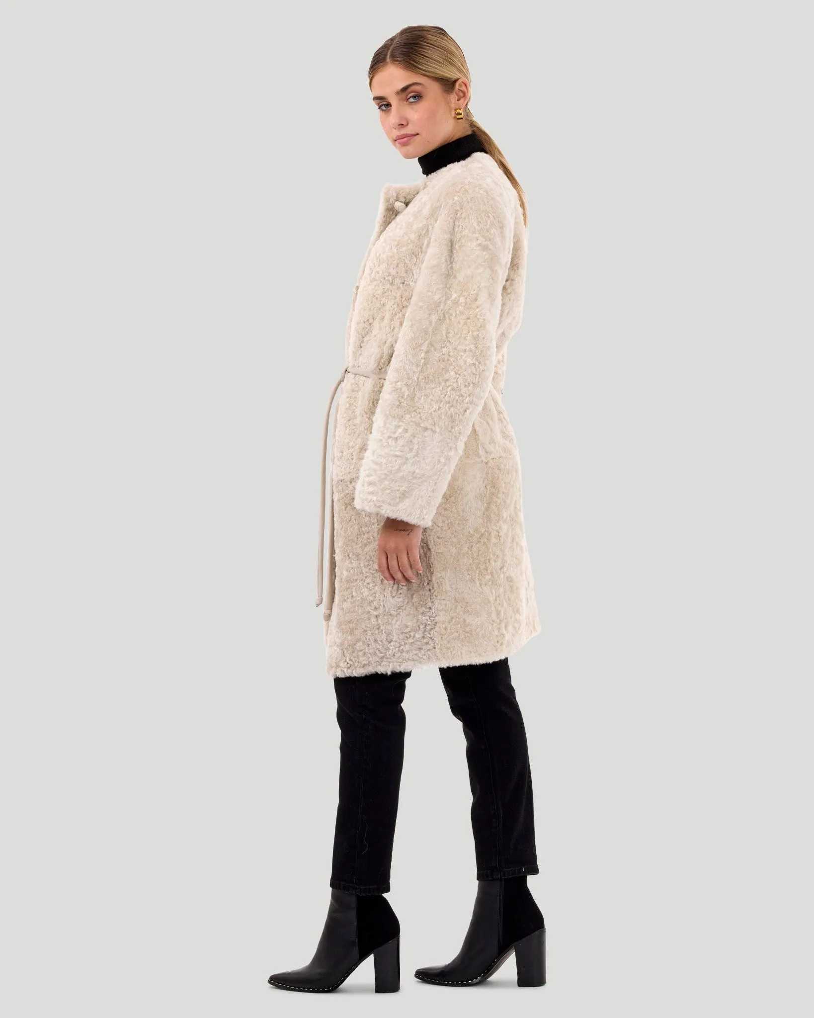 Reversible Collarless Select Shearling Lamb Short Coat with Buttons