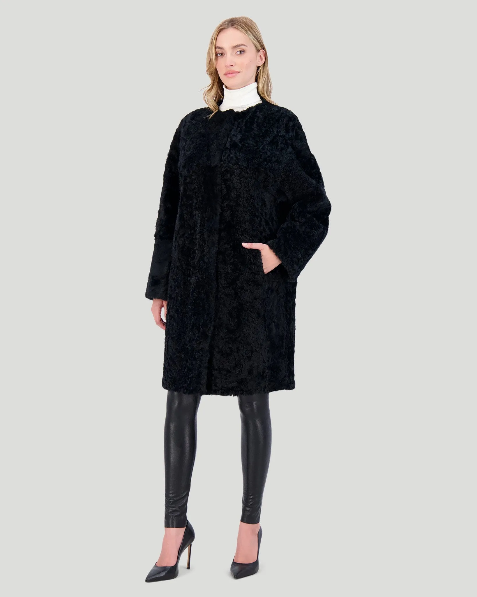 Reversible Collarless Select Shearling Lamb Short Coat with Buttons