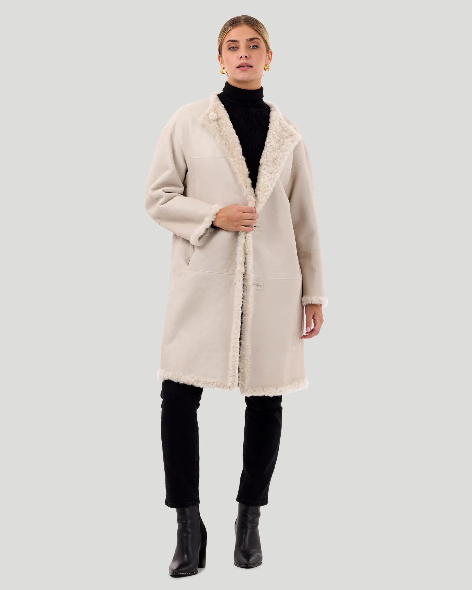 Reversible Collarless Select Shearling Lamb Short Coat with Buttons