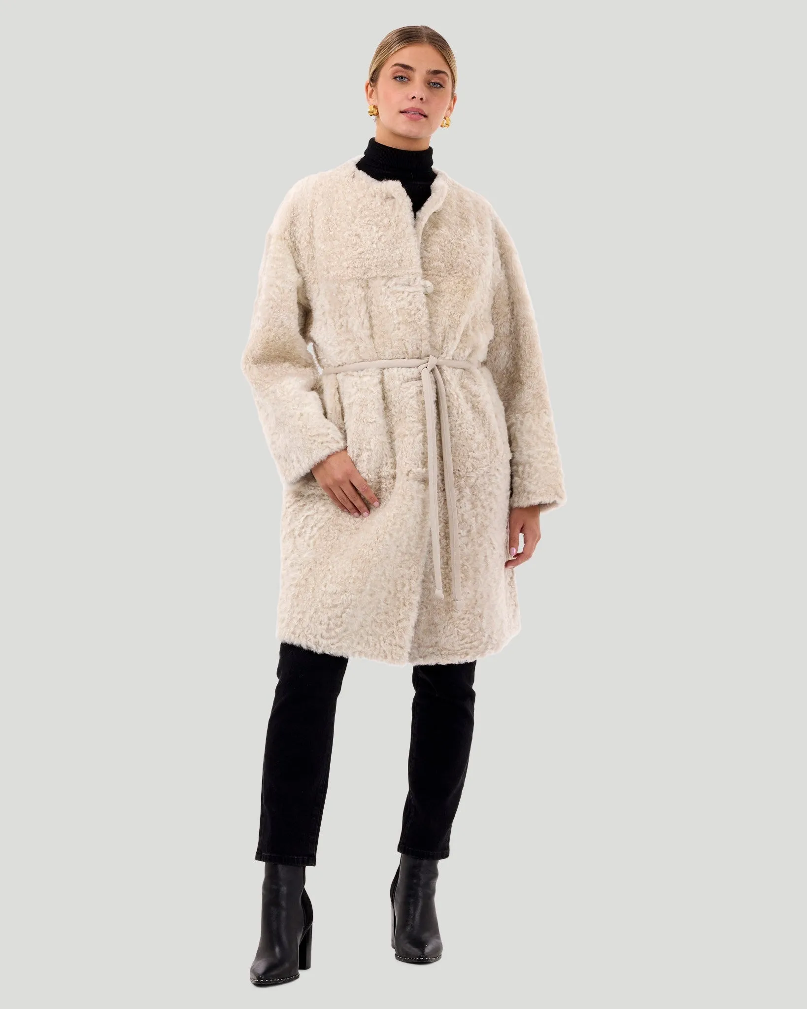 Reversible Collarless Select Shearling Lamb Short Coat with Buttons